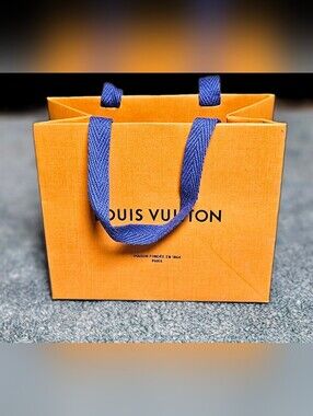 Authentic Louis Vuitton Small Orange Paper Shopping Gift Bag Blue Cloth Handles